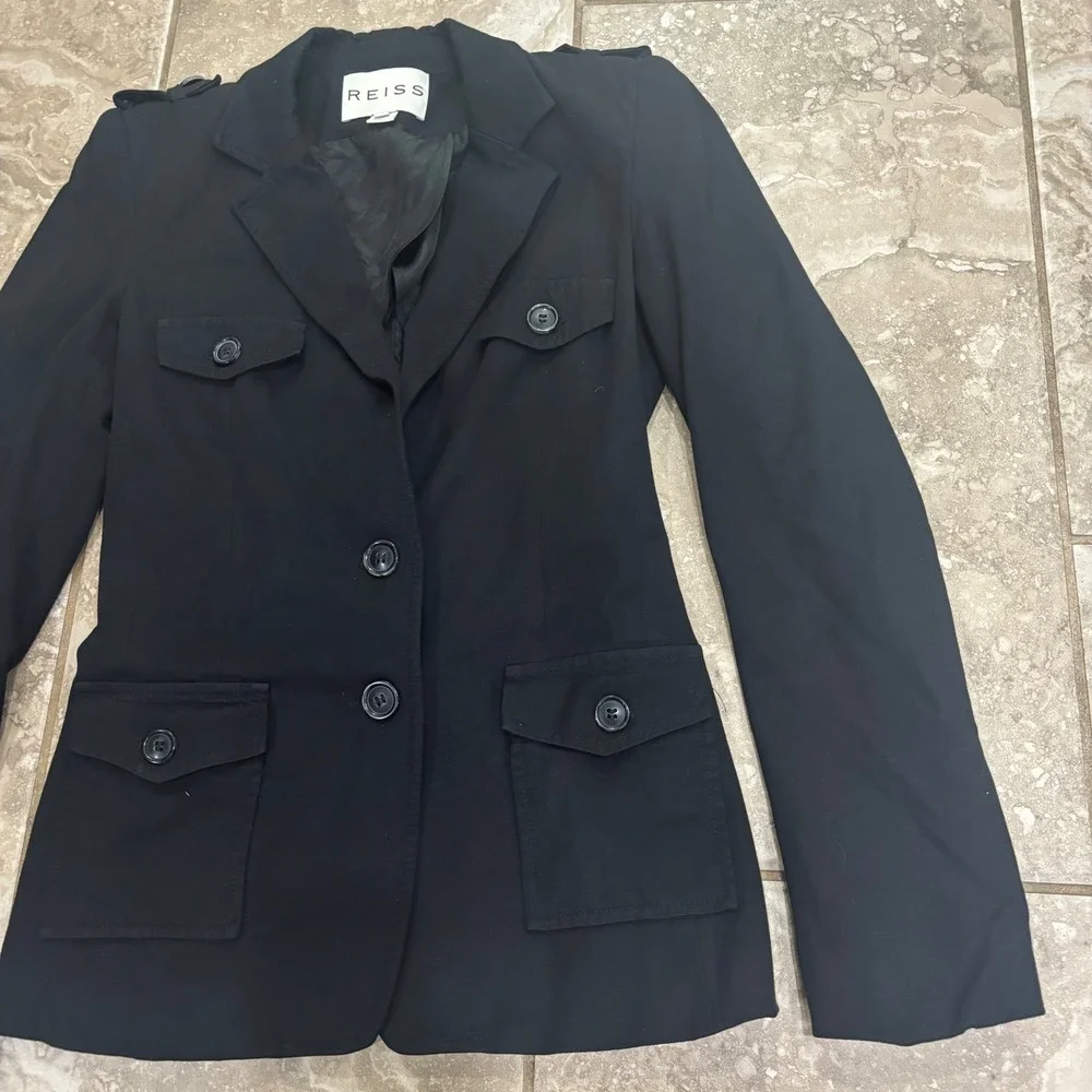 Reiss Womens Black Utility Blazer Jacket‎ Military Style Epaulettes Size XS
